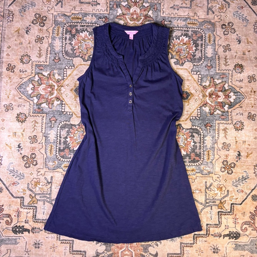 Lilly Pulitzer Navy Blue Smocked Henley Sleeveless Dress Small Cotton Modal Boat